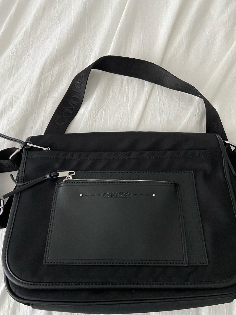 Calvin Klein Black Nylon Messenger Bag with Front Zip Pocket